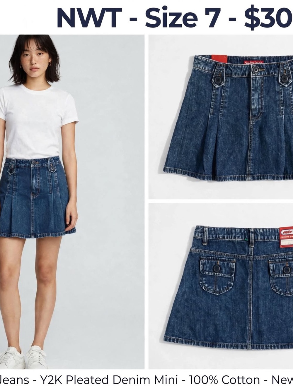 NWT Y2K Denim Mini Skirt - Size 7 - Newtime Jeans Pleated Dark Wash